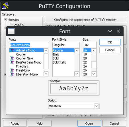 Putty font-setting screen